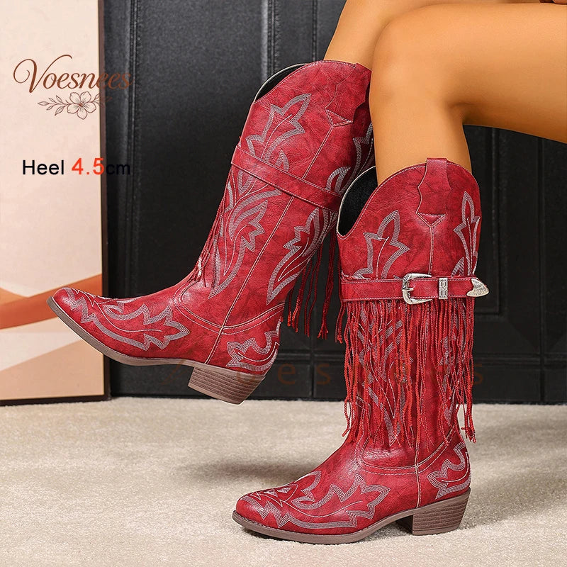 Spring Autumn Red Fringe Women's Mid Calf Boots Block Heels 4.5cm Pointed Toe Embroidery Belt Buckle Western Cowboy Boots Shoes