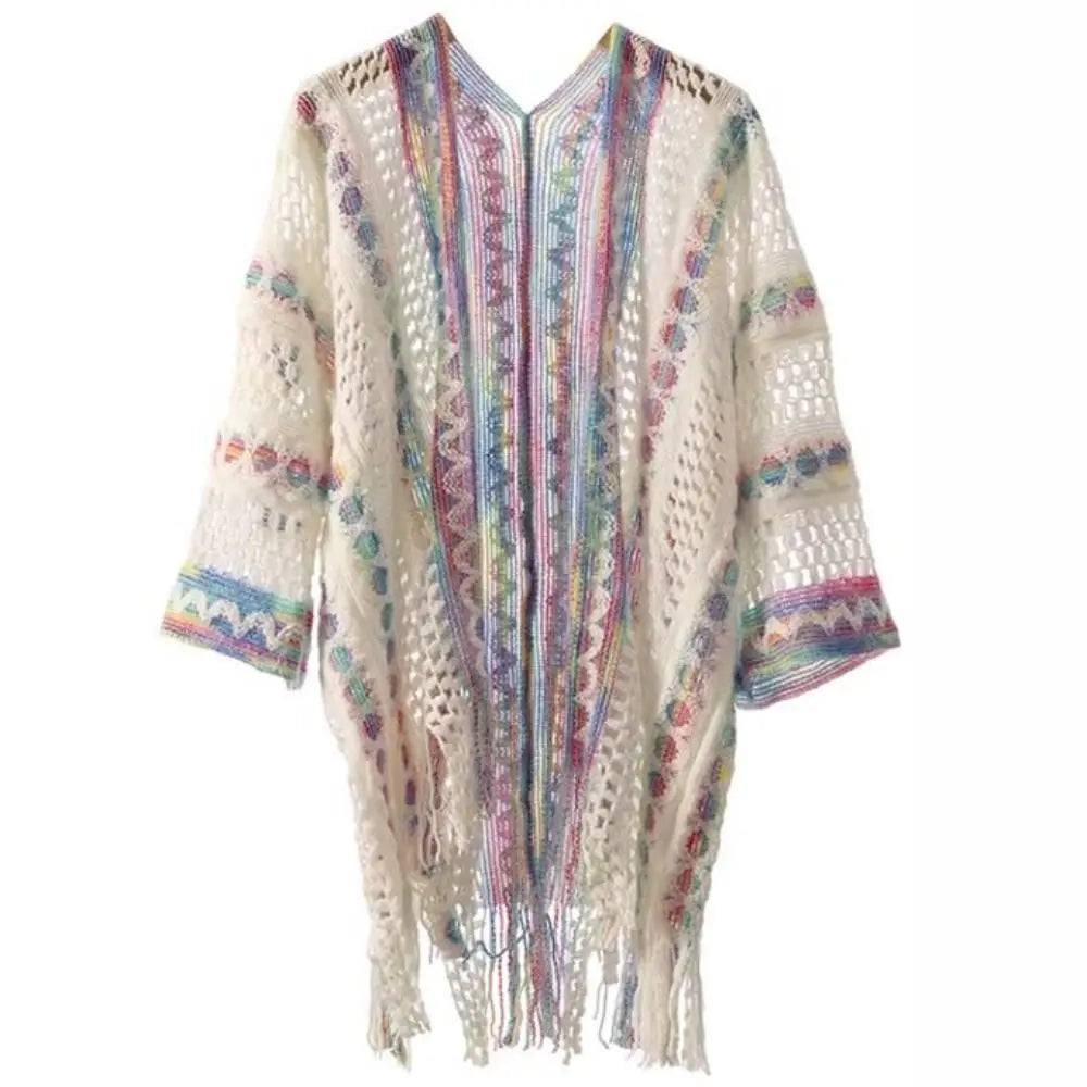 Womens Bohemian Knitted Shawl Ethnic Style Hollow Wraps Scarf Coat Ladies Tassel Cape