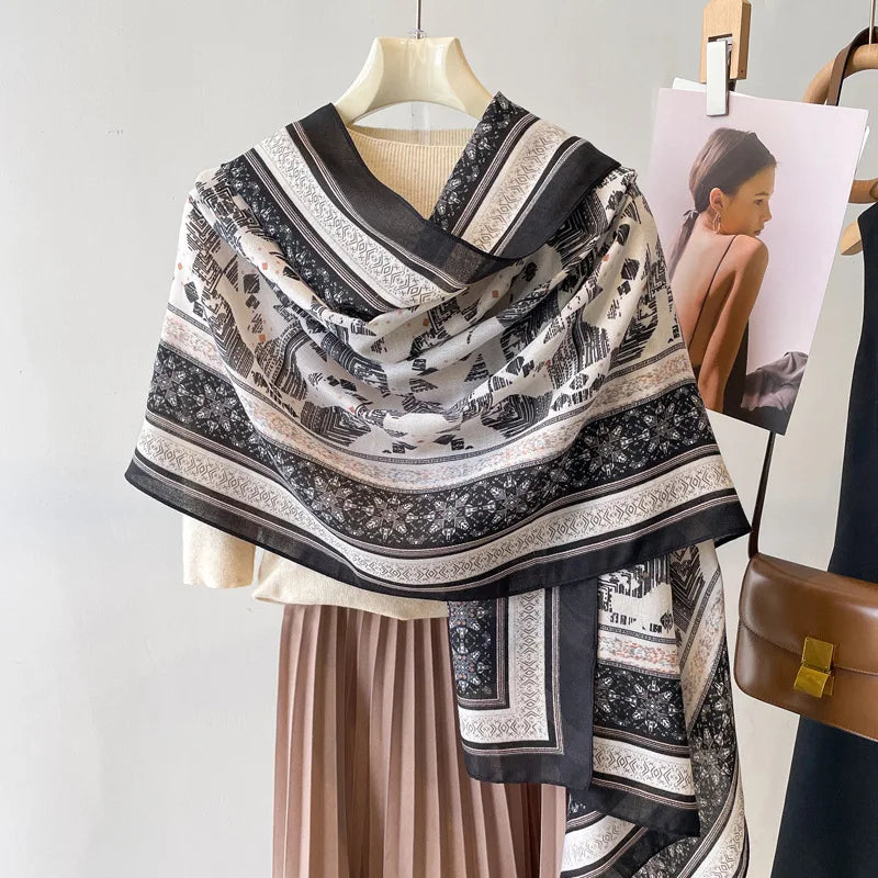 Sun Protection Silk Scarf Women's Retro Ethnic Style Cotton Linen Beach Holiday Wrap Shawl Outerwear Geometric Print Korean S...