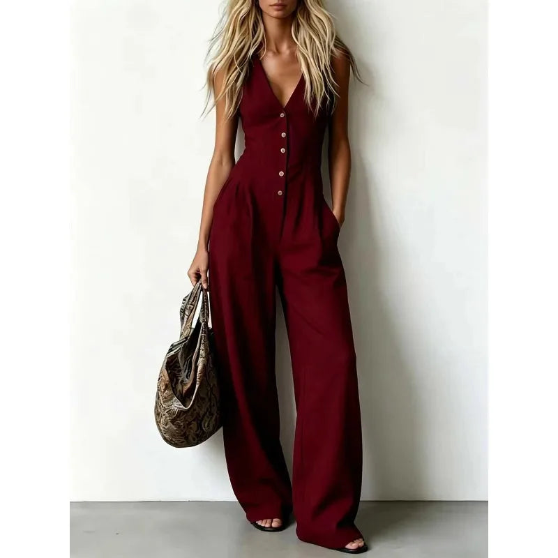 Women V Neck Spaghetti Strap Jumpsuit High Waist Pleated Wide Leg Long Pants with Pockets Casual Vacation Solid Overalls