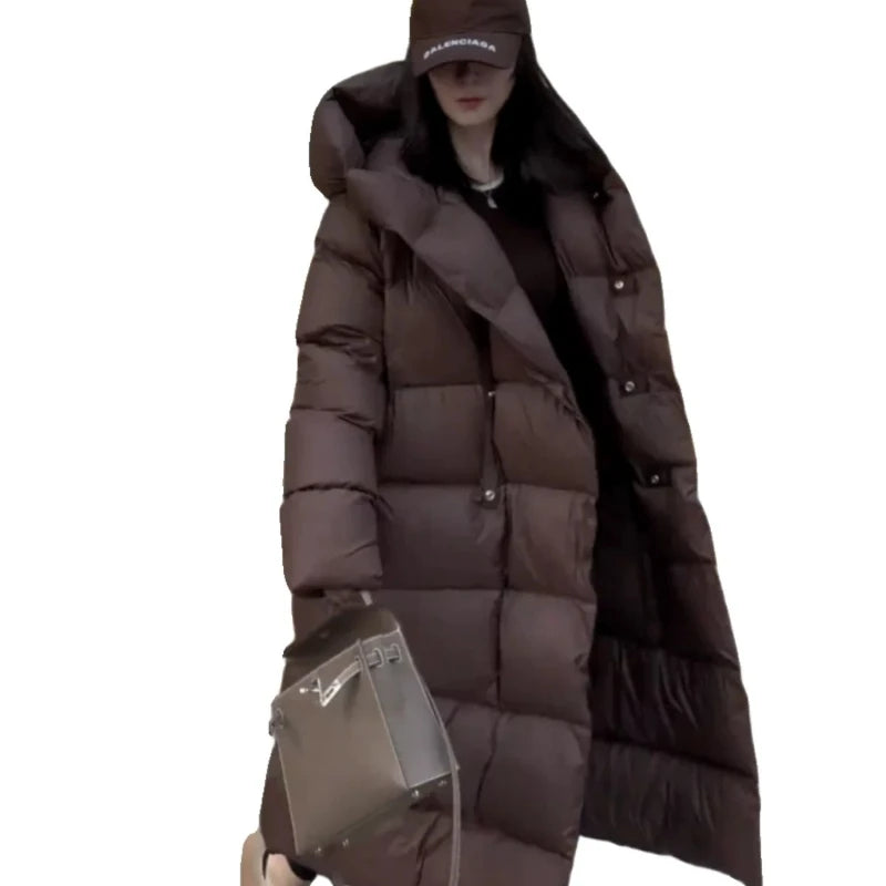 Knee Length Hooded Down Jacket for Women's Winter New Loose White Duck Down Thickened Warm Jacket 2024