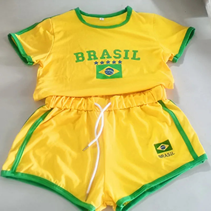 2023 Summer Women Clothing Short Sleeve T-Shirt+Drawstring Shorts 2Pcs Suit Brazil Letter Print Casual Tracksuit Fashion Outfits
