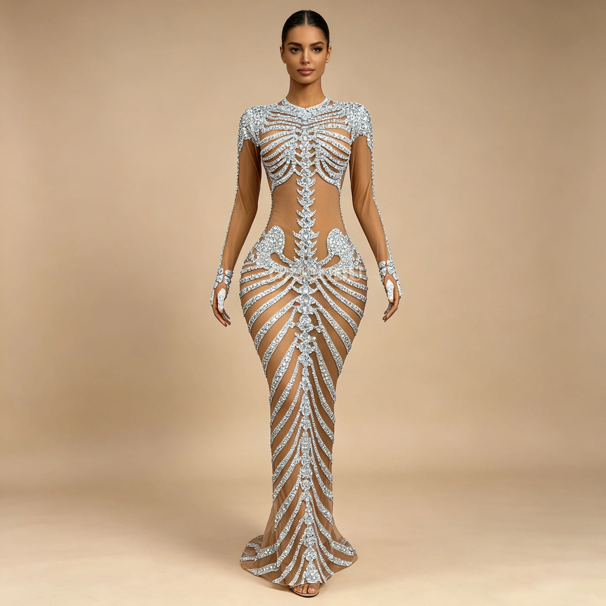 Fashion Skeleton Pattern Designed Shining Rhinestones Mesh Dress Women Halloween Party Celebrate Show Stage Outfit Kulouwang