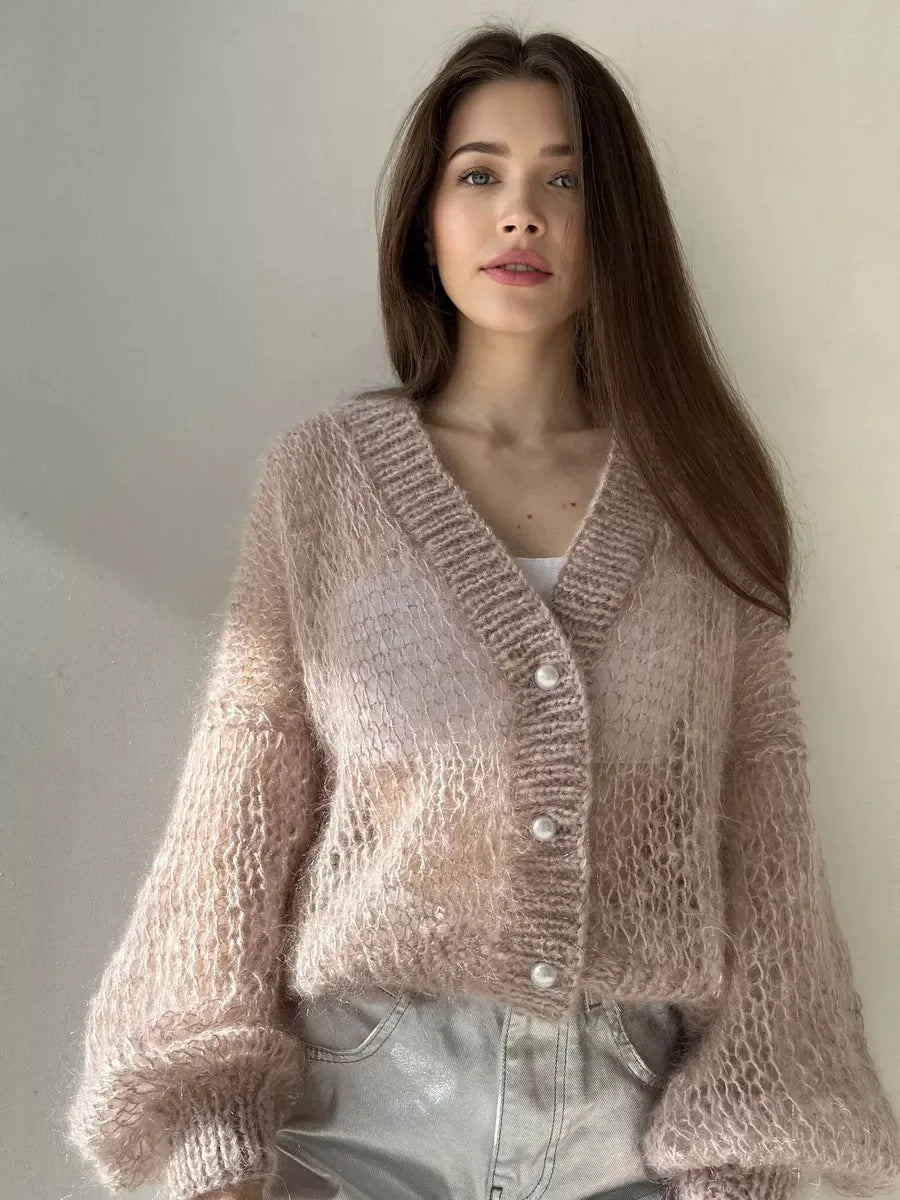 Women Knitting Cardigan 2026 New Women Mohair Knit Cardigan Hollow Out Sheer Long Sleeve Casual Knitted Outerwear Sweater