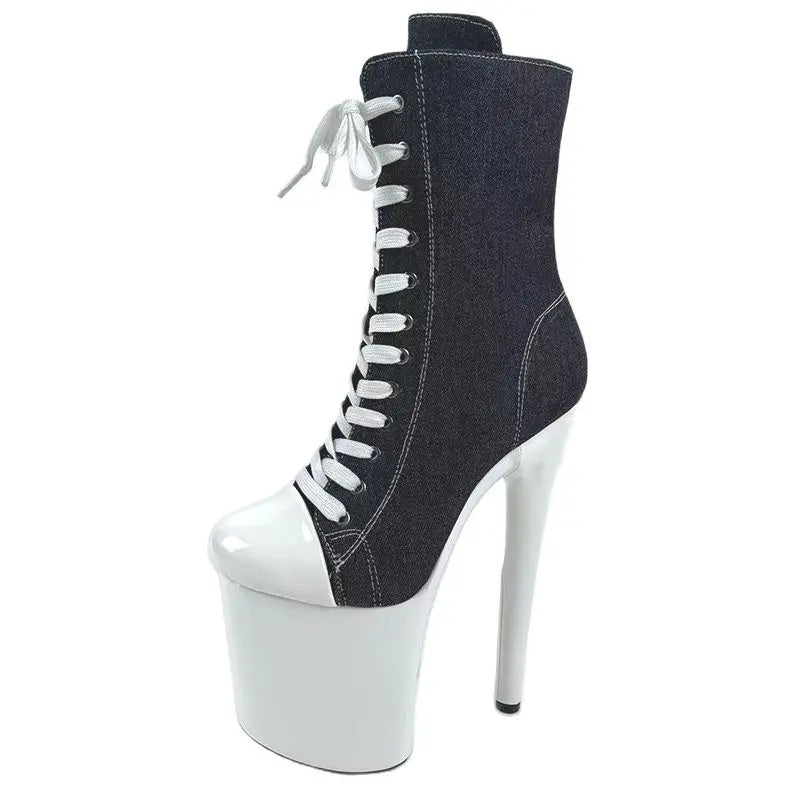 15 17 20cm Super High Nightclub Platform Heels Strappy Canvas Women's Ankle Boots Sexy Round Toe Pole Dance Shoes Ladies Boots