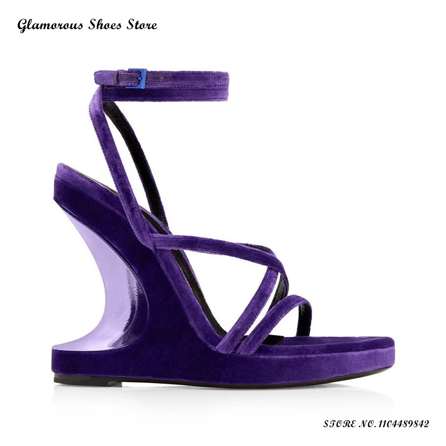 Strappy Velvet Wedges Sandals Women's Round Open Toe Wedges Party Evening Shoes Summer Fashion Buckle Strap Plus Size High Heels