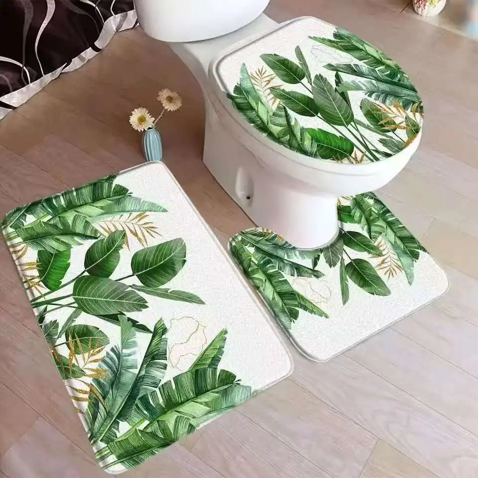 VIKAMA Tropical Leaves Bath Mat Set Palm Leaf Monstera Green Plants Home Carpet Flannel Bathroom Floor Rugs Toilet Lid Cover