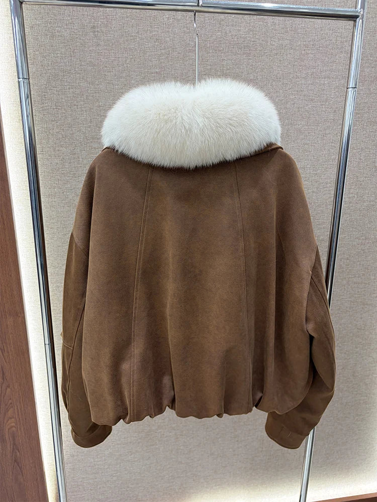 2026 New Winter Women Goose Down Jacket Natural Real Fox Fur Collar Coats Denim Puffer Jacket Outwear
