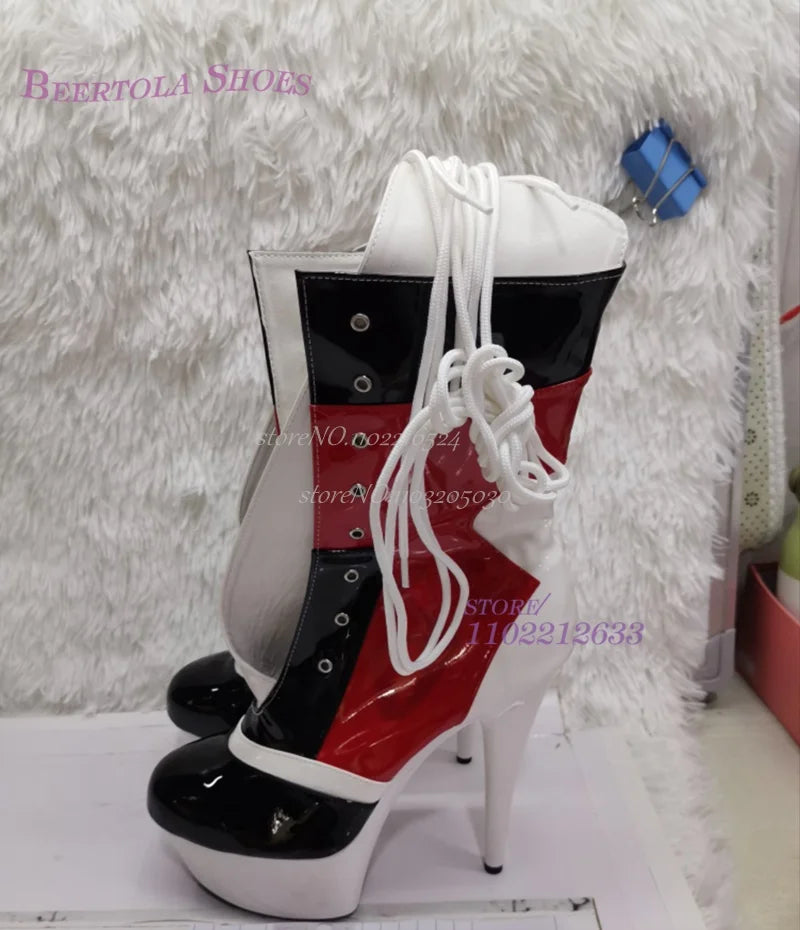 Black Red Sports Leather Platform Heels Women Pole Dance 20Cm Sexy Lace Zipper Round Cover Boots Short Ankle White Graffiti Shoe