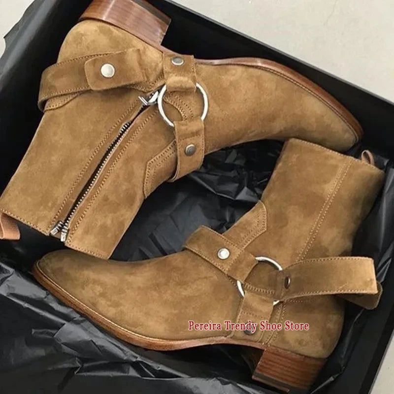Autumn Winter Retro Chelsea Boots for Men Metal Ring Suede Leather Pointed Toe Short Boots British Style Trendy Men's Shoes