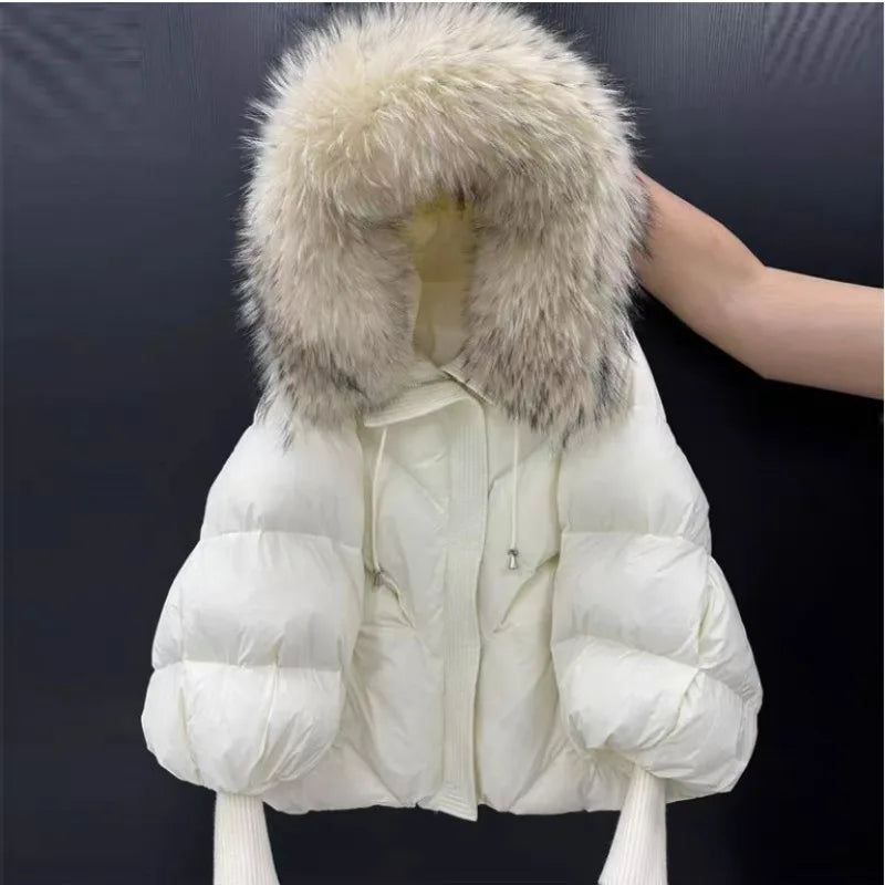 New Wool-neck Hooded Down Jacket Winter Thickened Warmth Loose Duck Down Coat Fashionable Simple Commuting Warm Women's Clothing