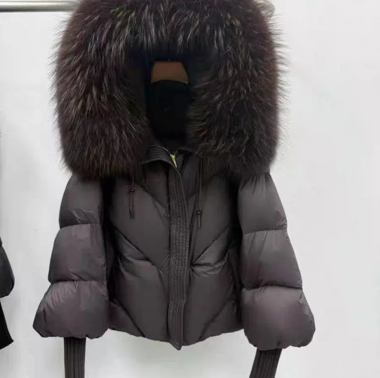 New Wool-neck Hooded Down Jacket Winter Thickened Warmth Loose Duck Down Coat Fashionable Simple Commuting Warm Women's Clothing