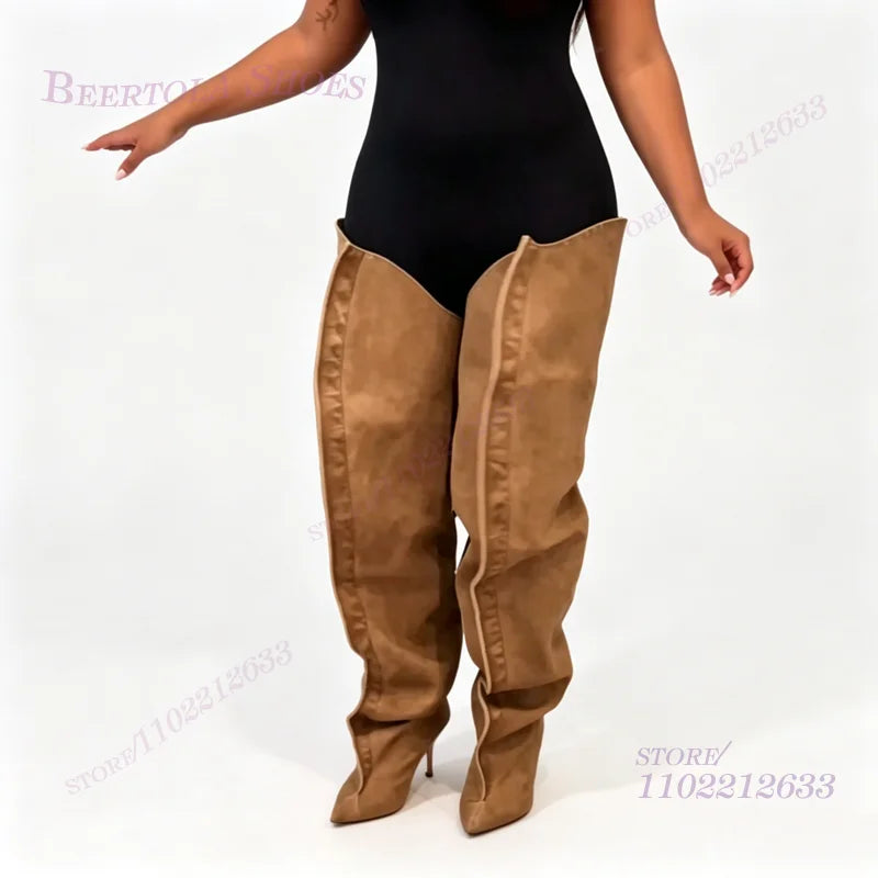 Wide Leg Loose Fitting Brown Suede Boots Women Long Pleated Stiletto Heels Pointed Toe Summer Denim Khaki Party Cool Girl Shoes