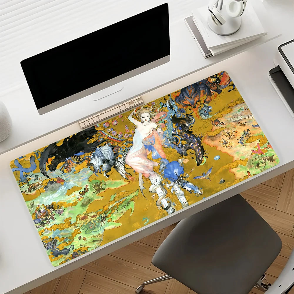 Gaming Mouse Pad, Large Desk Mat, Anti-slip Rubber Base, Stitched Edges, Golden Fantasy Art Print for Gaming & Office Desk Use