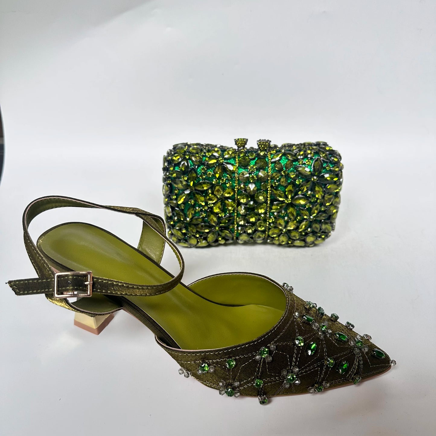 Insightlink Luxury Olive Green Rhinestone High Heel Shoes & Matching Clutch Bag Set – Elegant Pointed Toe Block Heel Sandals