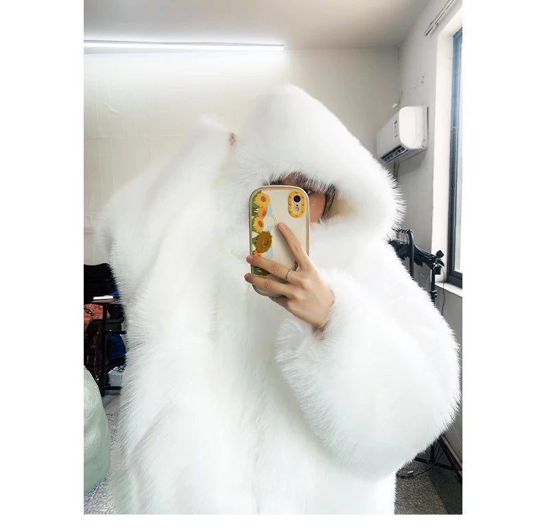 Nerazzurri Autumn Winter Oversized White Black Warm Shaggy Hairy Faux Fur Coat Women with Hood Loose Casual Fluffy Jacket 2023