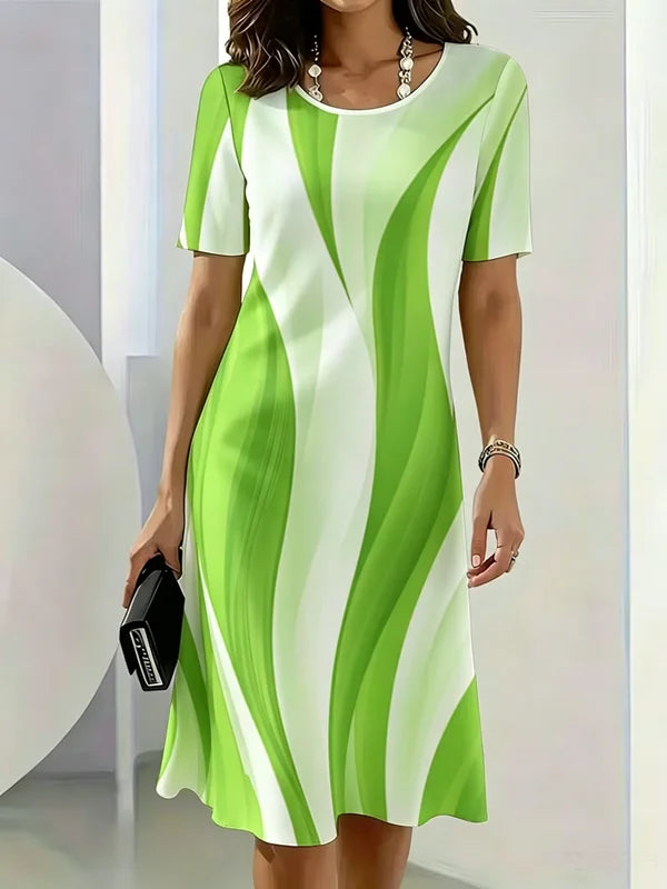 Summer Women Dress Fashion Gradient Striped Pattern Printed Dress Short Sleeve O-Neck Loose Casual A-Line Mini Dress