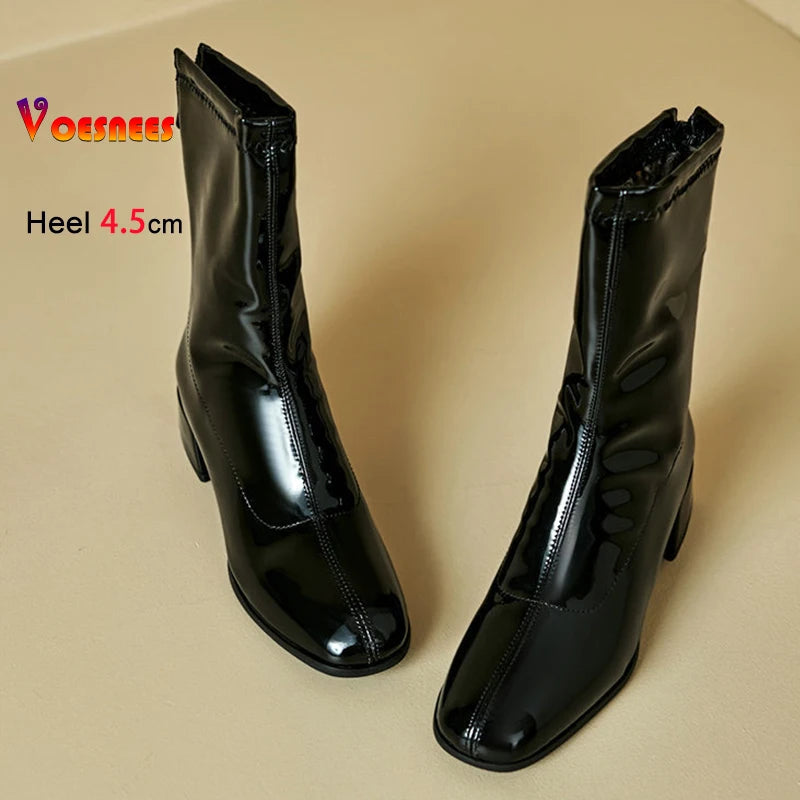 Black Thick Heel Short Boots For Women 4.5CM Fashion Back Zipper Autumn Winter Woman Shoes Square Toe Leisure Daily Ankle Boots
