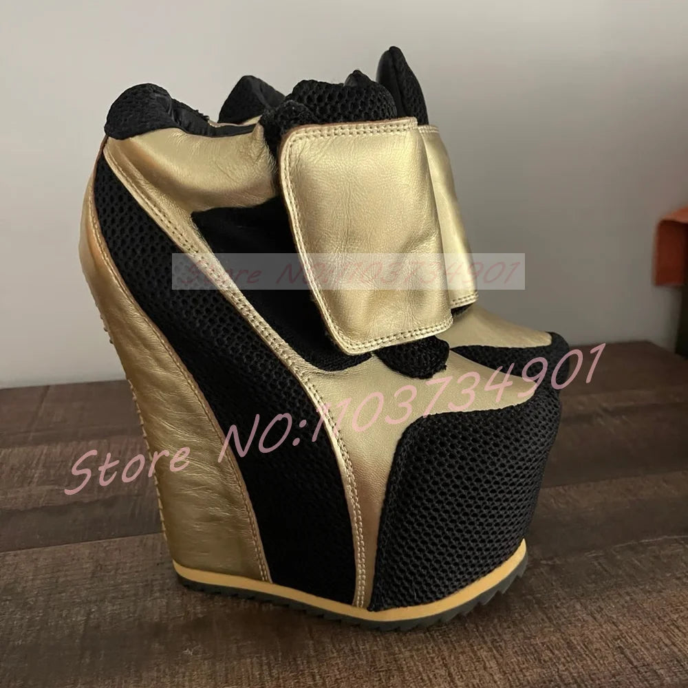 Gold Patchwork Platform Boots Women Round Toe Wedge Ankle Boots Ladies Hook Loop Closure Sneaker Heel Footwear