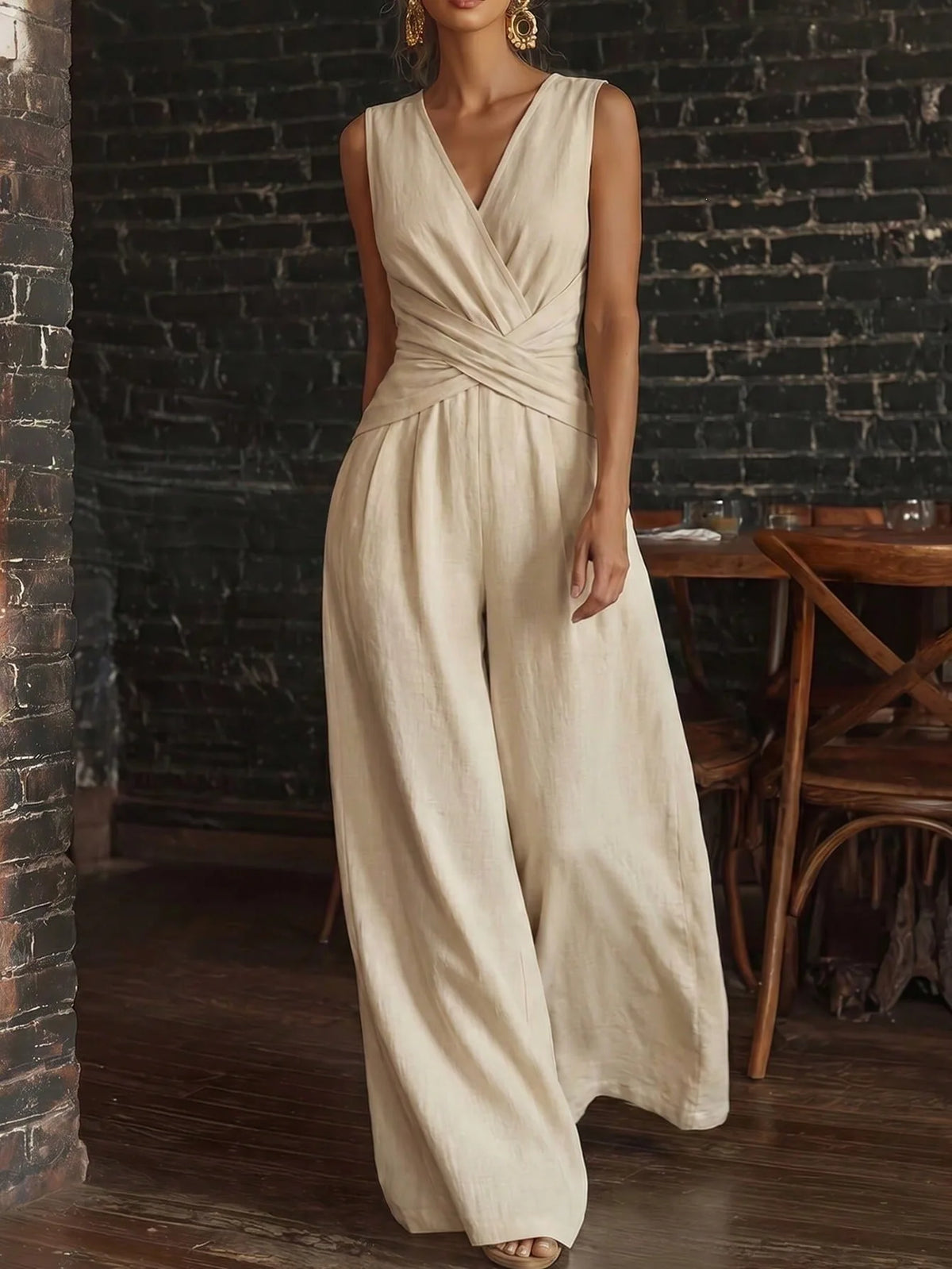 Fashion Light Blue Wide Leg Pants Jumpsuit Women's V-neck Sleeveless Cross Wrap Waist Design Rompers Summer Casual Jumpsuits
