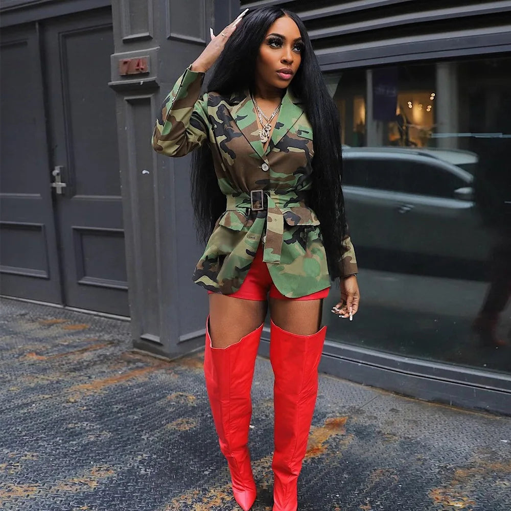 Women Camouflage Coats Belted Jacket Long Sleeves Notch Lapel Collar Single Breasted Slim Streetwear Casual 2025 Spring Autumn