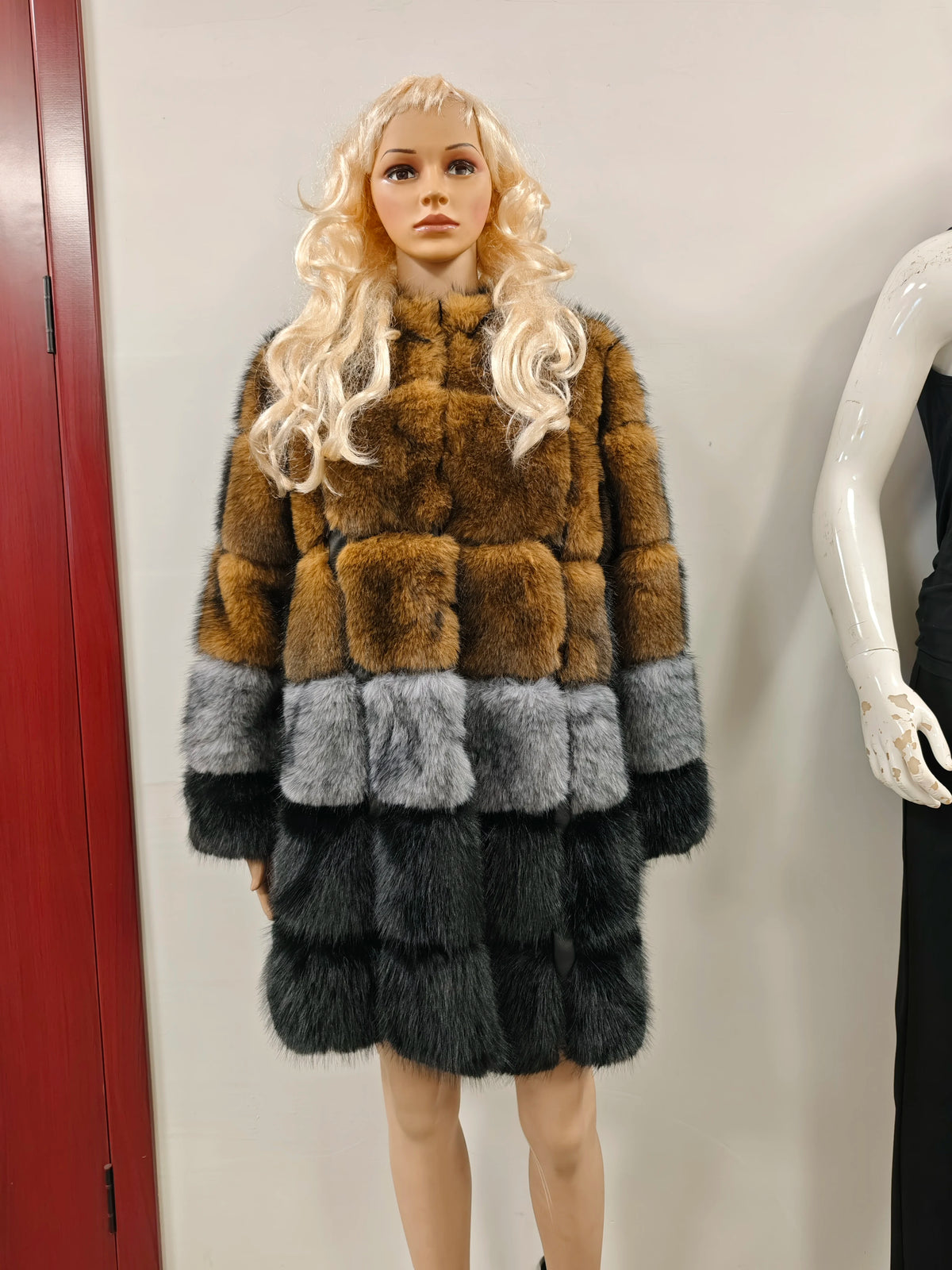 Women Winter Faux Fur Fox Coats mid-length Jackets Furry Outerwear Party Gradient splicing design Thick Warm Coats