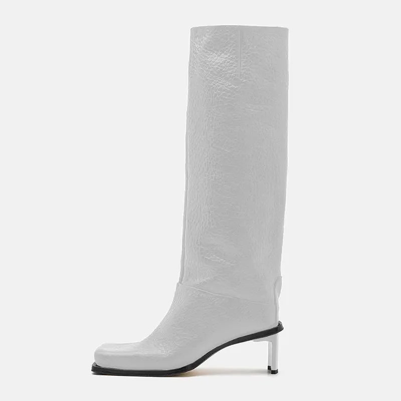2026New Fashionable Square Head High Heels Women's Knee Length Boots with Side Zipper Stone Pattern Women's Mid Length Boots