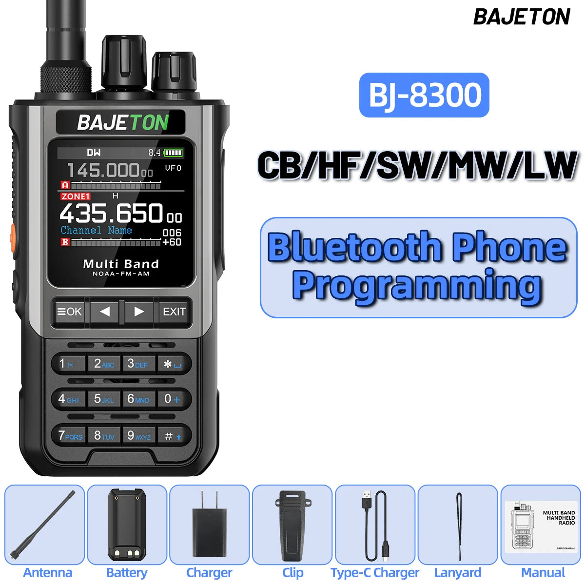 BAJETON BJ-8300 Walkie Talkie SW AM SSB CB Receive Wireless Bluetooth Phone Programming Station NOAA Two Way Radio RT-950PRO