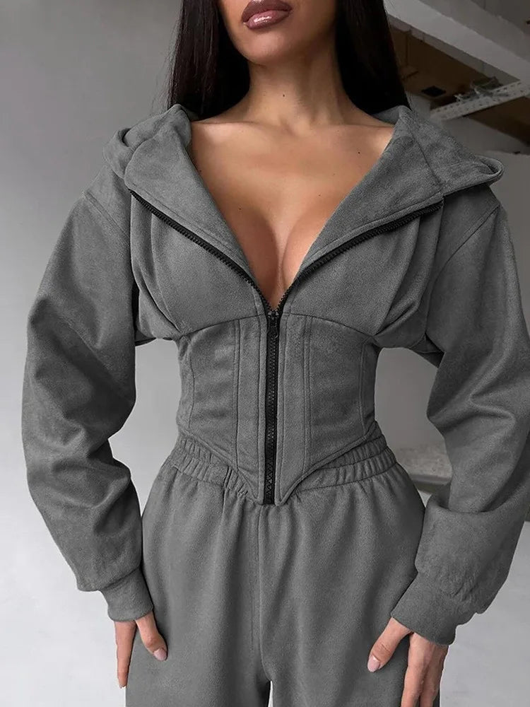 European and American Style Hooded Waist-Cinching Women's Set 2025 New Ins Trendy Brand Slimming Sporty Casual Women's Clothing