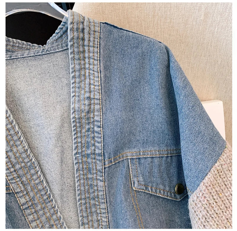 Fat mm200 Pounds Vintage Denim Patchwork Sweater Coat ins Fashion Woman 2024 Autumn and Winter Thickened Loose Niche Cardigan