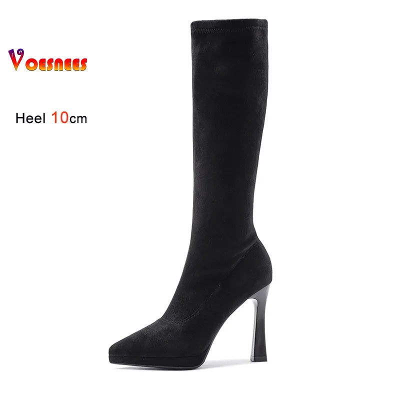 Black Knee High Boots For Women Pointed Toe 10cm High Heel Platform Side Zipper Slim Party Tall Boots Autumn Winter Lady Shoes