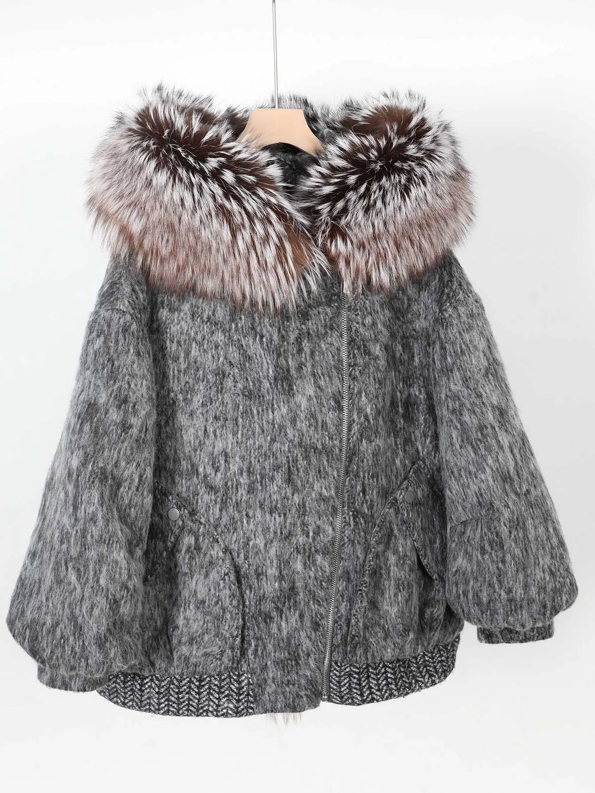 Maomaokong high-end Wool fabric Luxury Women's Big Fox Fur Collar Puffer Jacket Natural Fur down Coat Winter Thickened Warm