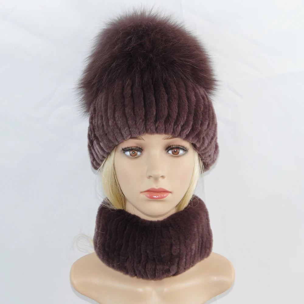 New Winter Lady Brand Hand Make Real Genuine Fox Fur Hat Scarf Girls Natural Real Rex Rabbit Fur Ring Cap Real Fur Scarves Hats