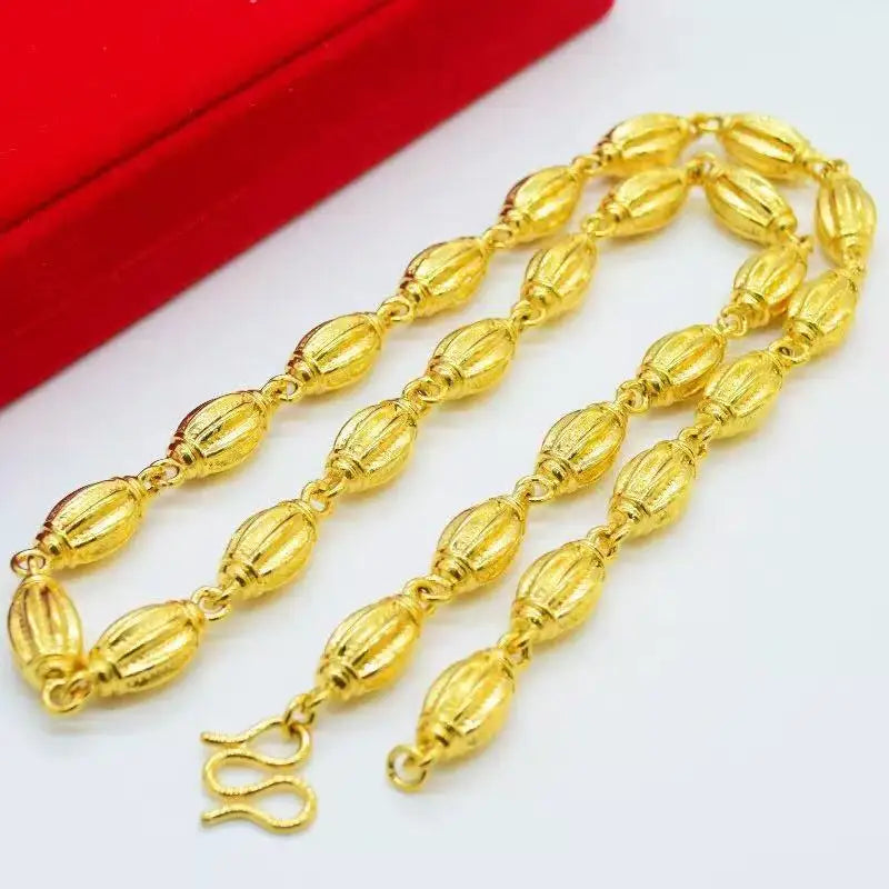 Banquet Grand 9mm Solid Pumpkin Olive Bead Necklace For Men 24K Gold AU999, elegant match for formal suits