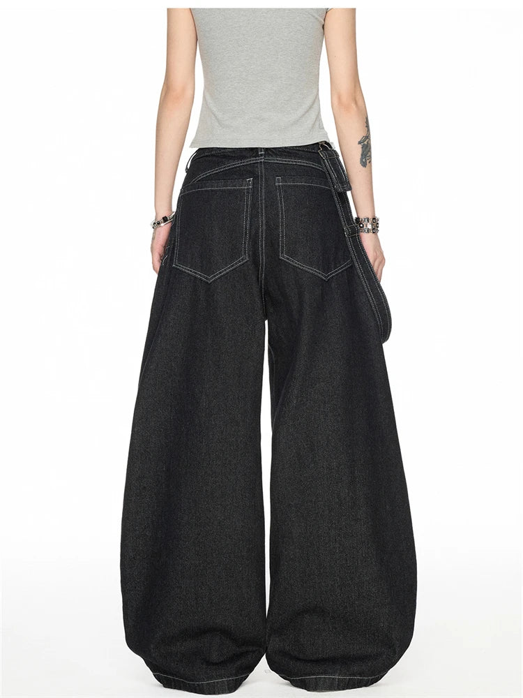 Women's Detachable Black Overalls Street Jumpsuits High Waist Casual Baggy Pants Wide Leg Sweatpants Straight Unisex Trousers