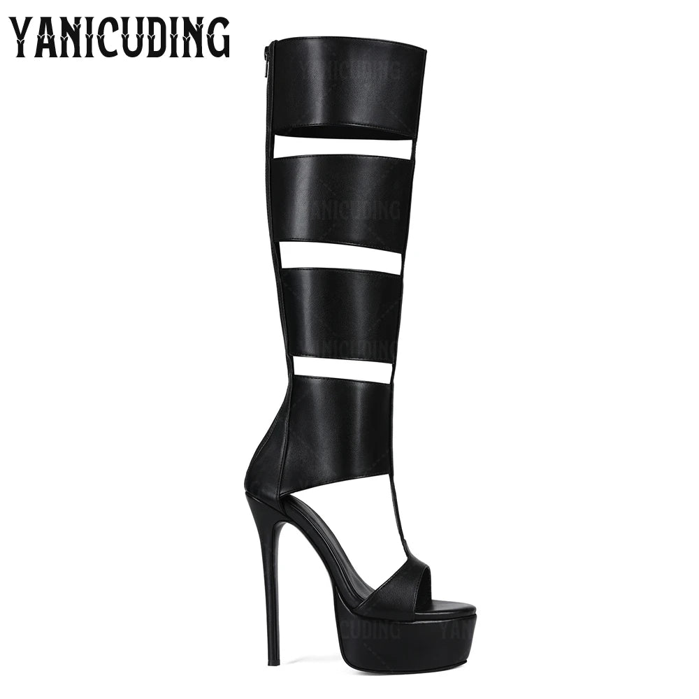 Strappy Gladiator Sandal Boots Metallic Gold Below the Knee Stiletto Boots Fashion Sexy Style Back Zipper Platform Women's Boots