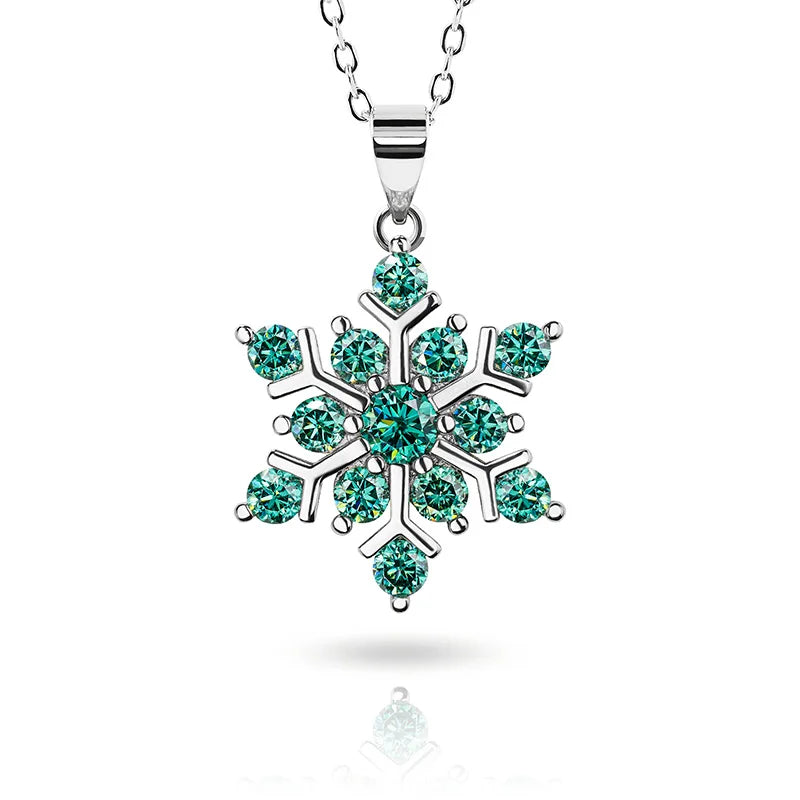 GIGAJEWE 1ct Green Blue Moissanite 18K White Gold Plated Silver Snowflake Necklace 2022 Christmas Limited Edition Gift