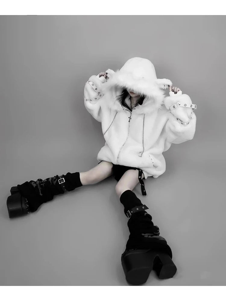 Mauroicardi Autumn Winter Oversized Warm Soft White Faux Fur Coat Women with Hood Harajuku Fashion Fluffy Jacket Streetwear 2025
