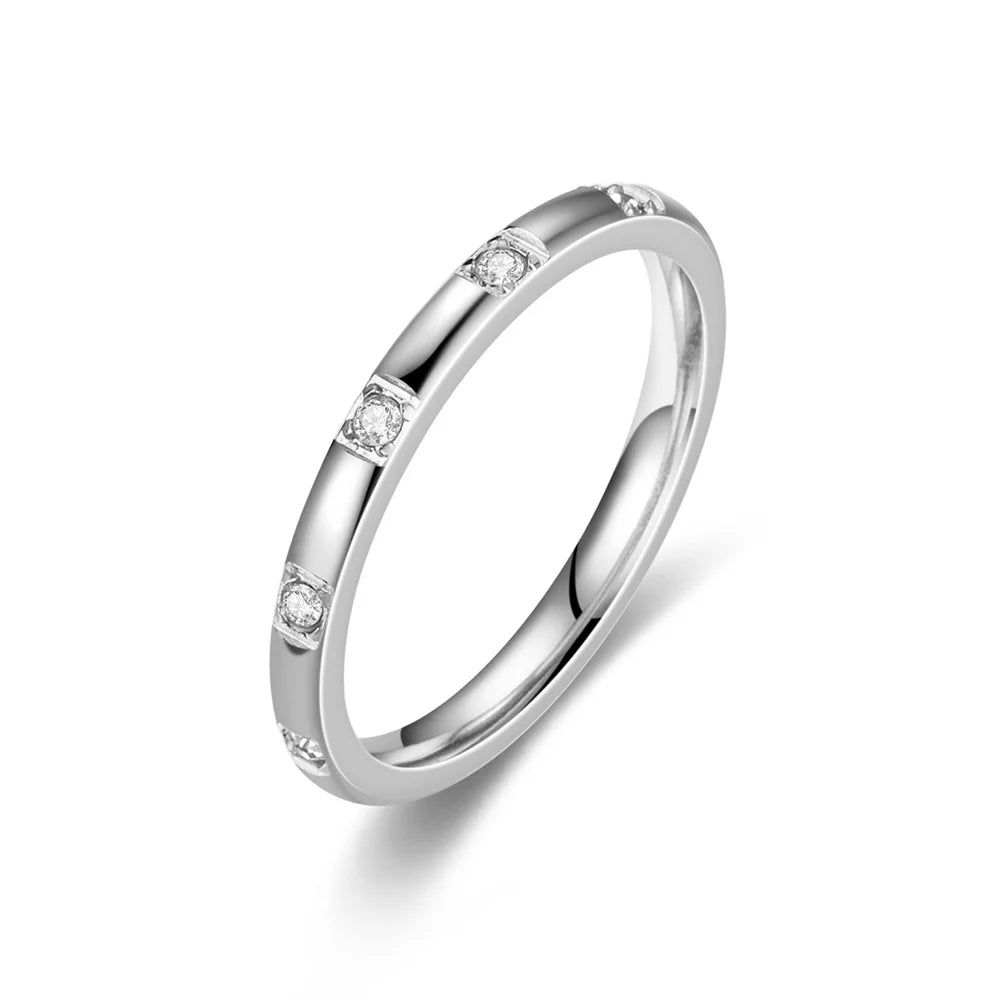 Women's Gold Ring 2mm Thin Silver Color Titanium Stainless Steel Crystal Wedding Rings for Woman Girl Elegant Jewelry Anello