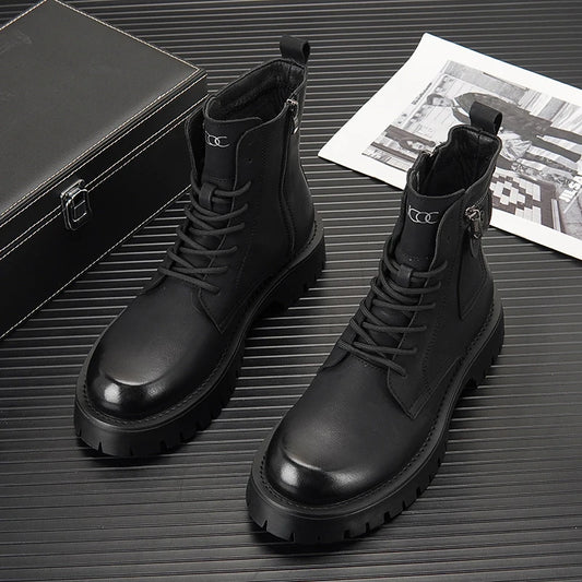 Summer Men's Hollow Ankle Boots Breathable Height-increasing Leather Motorcycle Boots Autumn Men Thick-soled High-top Shoes
