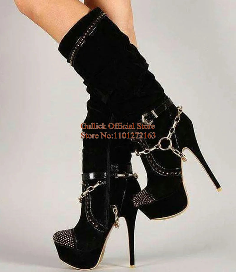 Fashion Gold Chain Strap Studded Knee High Boots Round Toe Black Suede Stretch Fabric Platform Stiletto Heels Boots