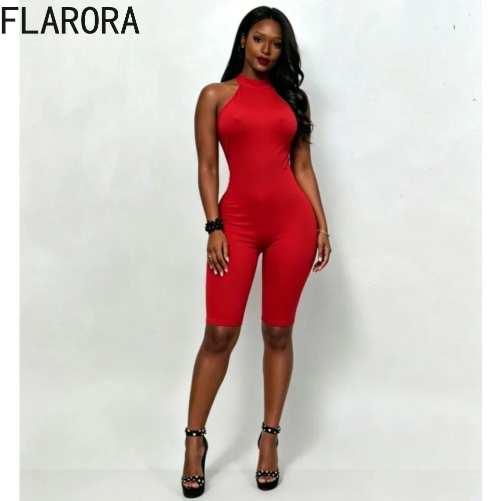 FLARORA Fashion Solid Color Rompers Woman Sexy Halter Bandage Sleeveless Backless Skinny Peach Hip Stretch Fitness Playsuits