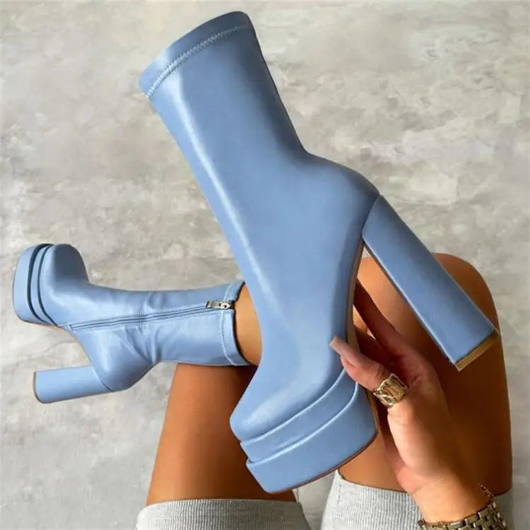 Foreign Trade Women's Shoes Fashion Super High Heels Platform Short Boots New Chunky Heel Mid-calf Boots Casual Ankle Boots CD