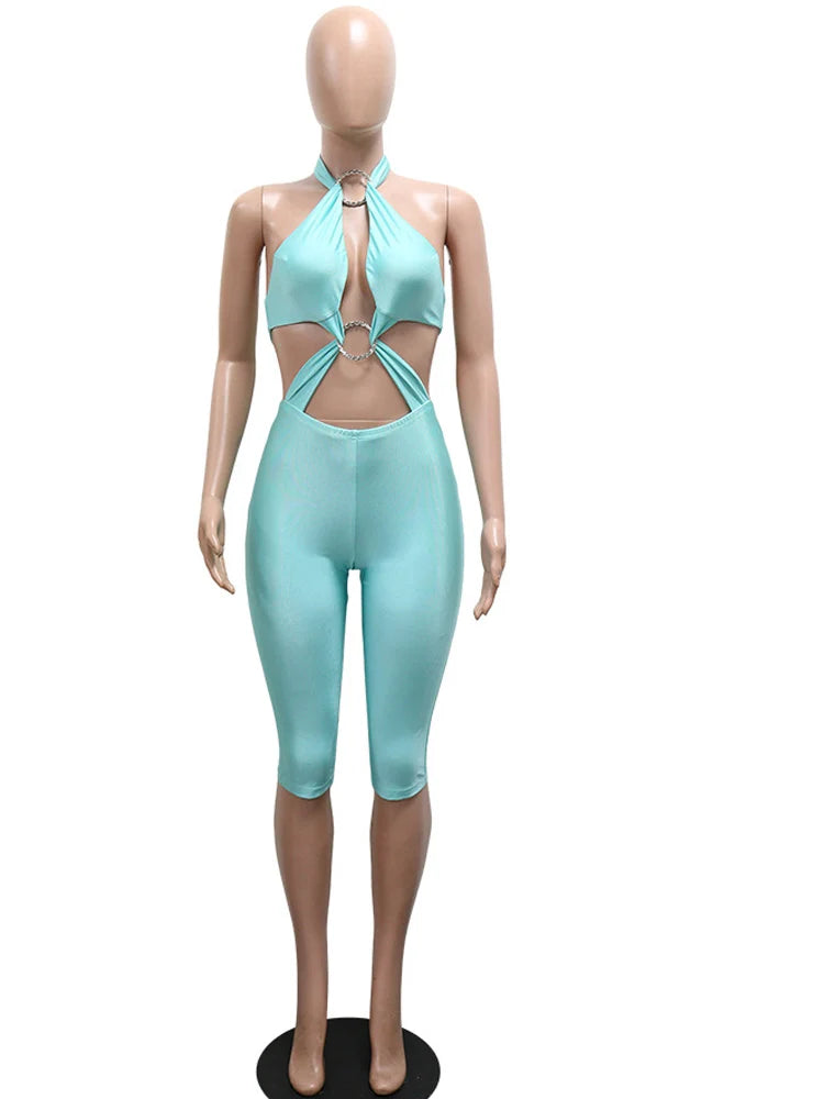 Kricesseen Sexy Cut Out Halter Bandage Jumpsuit Women O Ring Backless Bodycon Romper Summer Nightclub Party Festival Outfit