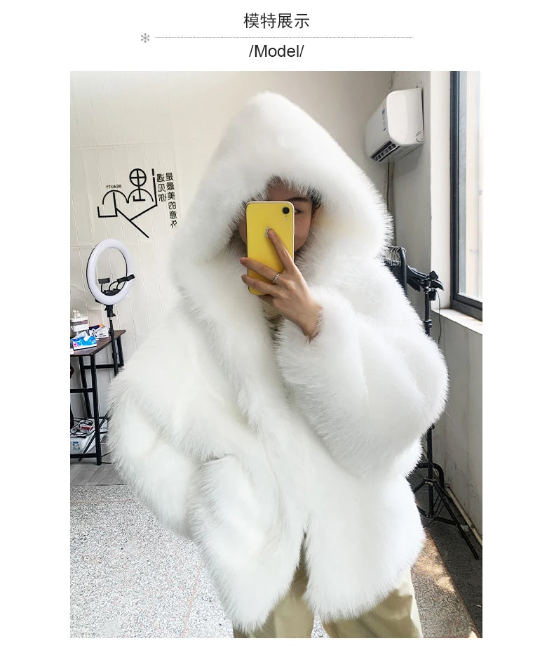 Nerazzurri Autumn Winter Oversized White Black Warm Shaggy Hairy Faux Fur Coat Women with Hood Loose Casual Fluffy Jacket 2023