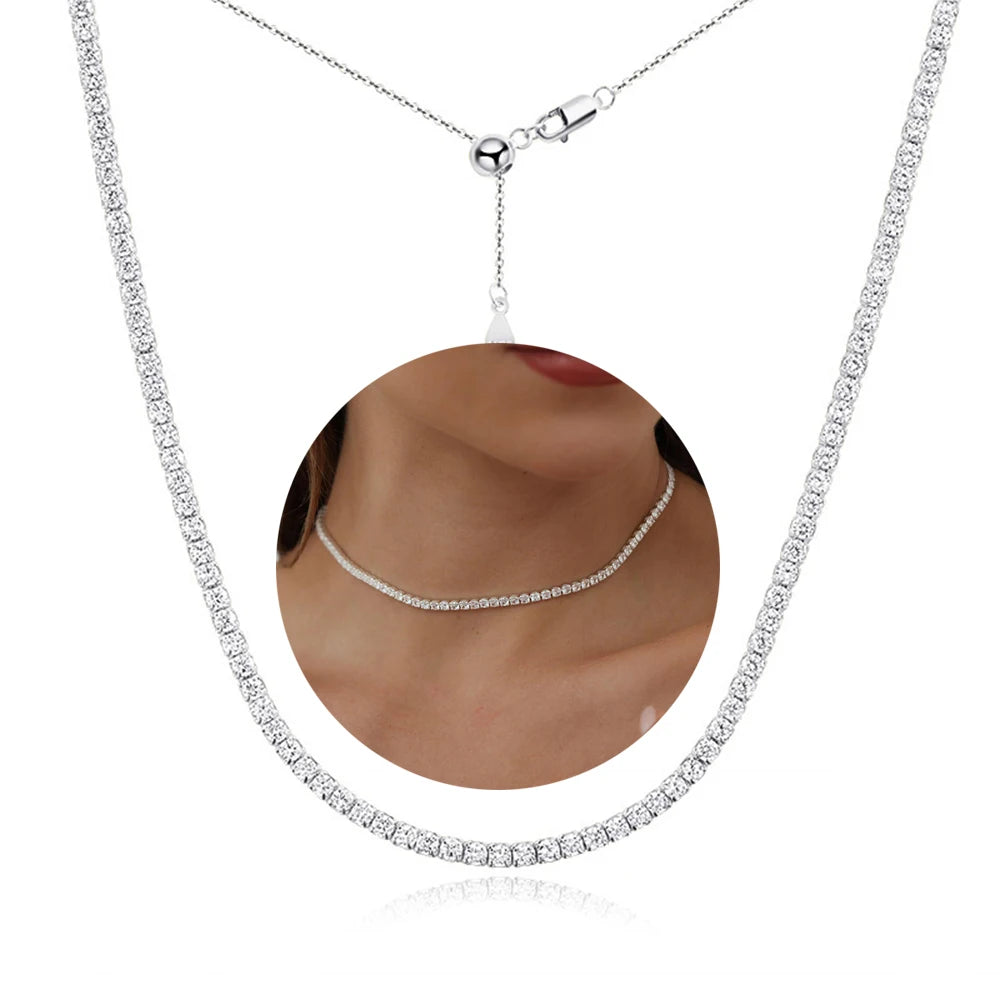 2mm Full Moissanite Wave Tennis Necklaces 925 Sterling Silver Luxury Bridal Necklace Adjustable Choker for Women Jewelry Gift