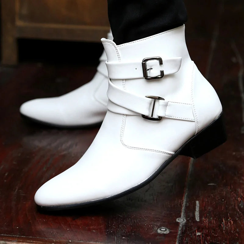 Leather Chelsea Boots Men Designer 2024 White Dress Boots Men Casual High top Buckle Strap Formal Shoes Men Motorcycle Boots