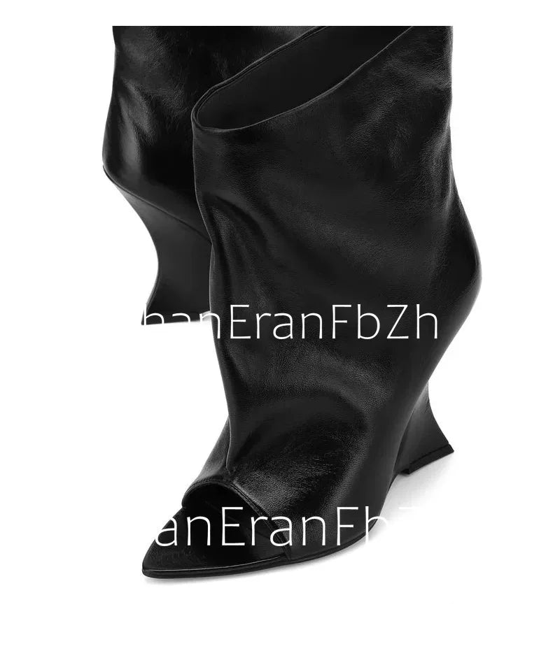2006SoleLadies'-Spring/Summer-New-Fish-Mouth-Slope-High-Heel-Short-Boots-with-Pointed-Toe-Exposed-Cool-Boots,-Mid-Top-Boots