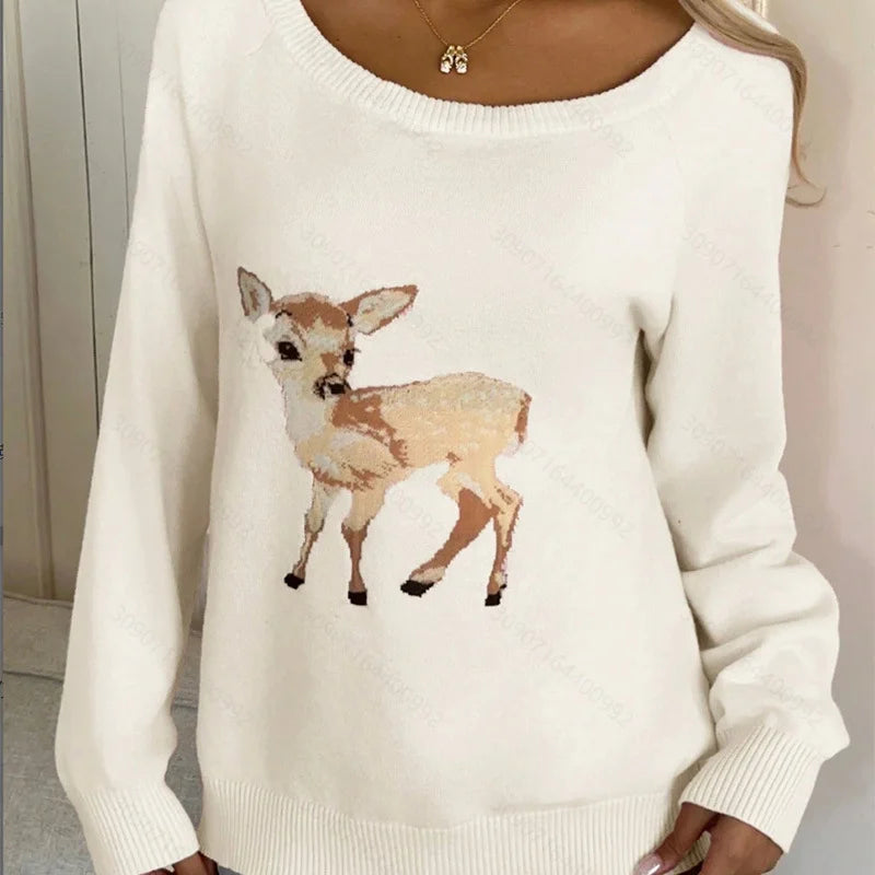 Women's Loose One-Shoulder Sweater Autumn/Winter Knitwear Top White Deer Pattern Fashionable Casual Style