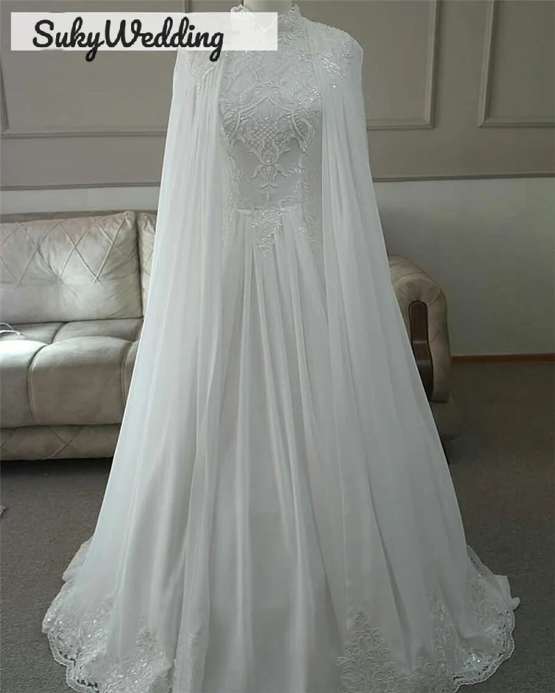 Muslim Arabic Wedding Dresses With Cape Lace Appliques Sequines High Neck Dubai Princess Bride Wedding Dress Customized